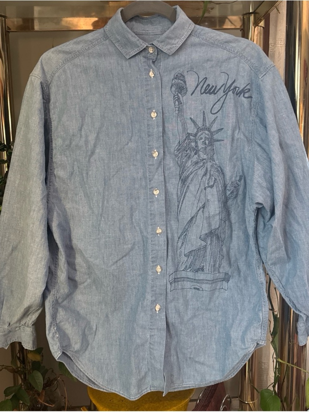 Light Blue Chambray Button-Up Shirt with Statue of Liberty Graphic